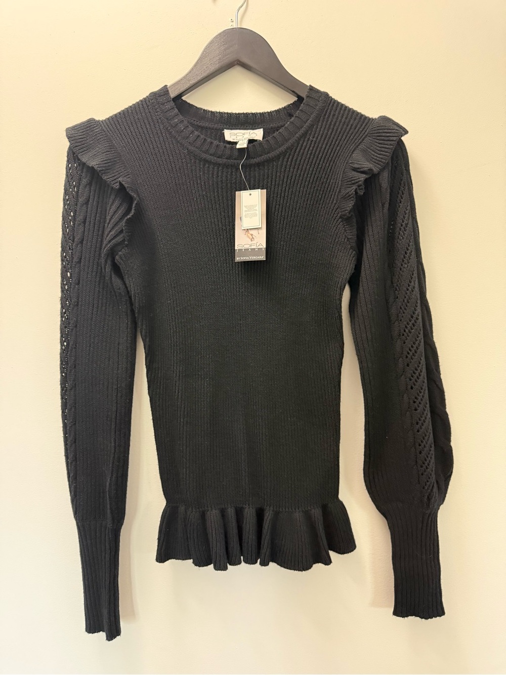 sofia by sofia vergara Black Ruffle-Hem Knit Sweater
